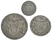 Lote de 3 piezas. Medalla de proclamación en Madrid, 1808. Módulo de 1/2, 1 y 2 reales. Calidad media. MBC.