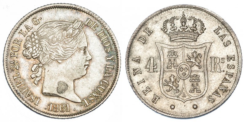 4 reales. 1861. Barcelona. VI-372. Defecto de cospel en anv. y finas rayas. EBC-...