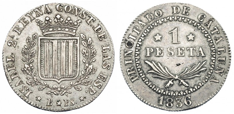 Peseta. 1836. Barcelona. PS. Canto estriado. VI-540. Hojita. MBC+. Muy escasa en...