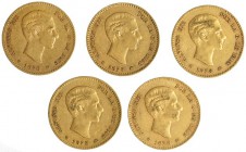 Lote de 5 monedas de 10 pesetas. 1878. Todas con fecha en las estrellas. MBC-.
