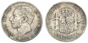 Peseta. 1884 * 18-84. Madrid. MSM. VII-61. Golpecito en la gráfila del rev. BC+. Rara.