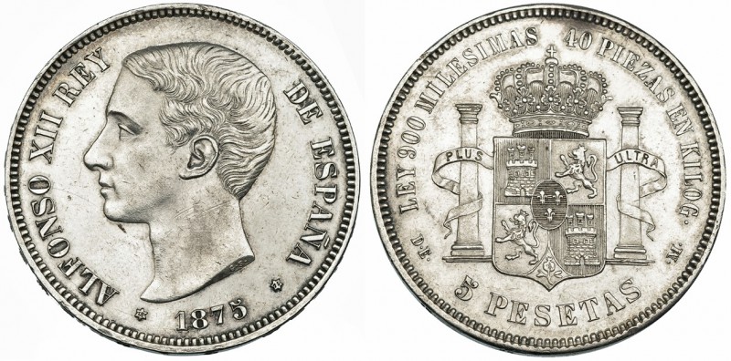 5 pesetas. 1875 * 18-75. Madrid. DEM. VII-81. Pequeñas marcas. Limpiada. EBC-.