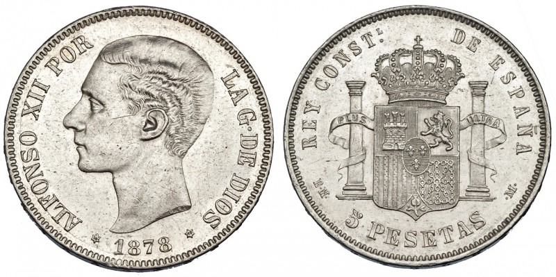 5 pesetas. 1878 * 18-78. Madrid. EMM. VII-85. Pequeñas marcas. EBC-. Escasa en e...