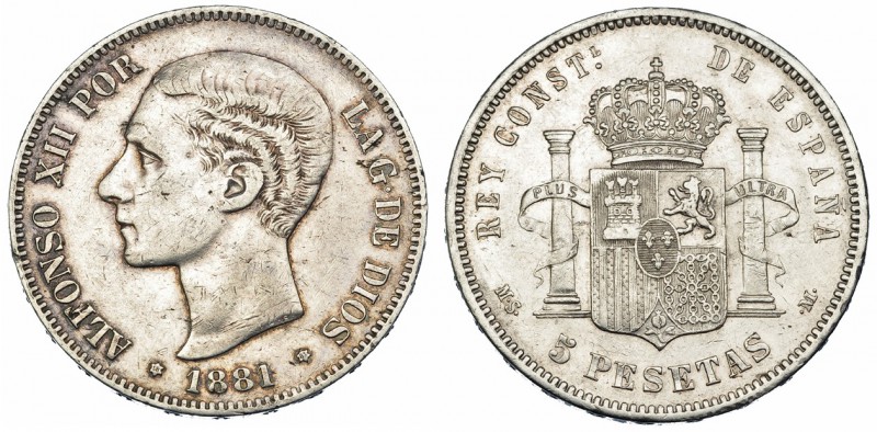 5 pesetas. 1881 *- 18-81. Madrid. MSM. VII-87. Pequeñas marcas. MBC. Escasa.