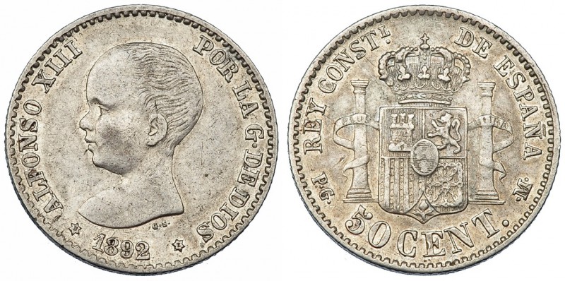 50 céntimos. 1892 * 8-2. Madrid. PGM. VII-141 vte. MBC+. Rara.