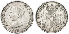 50 céntimos. 1892 * 2-2. Madrid. PGM. VII-141.2. Pequeñas marcas. MBC.