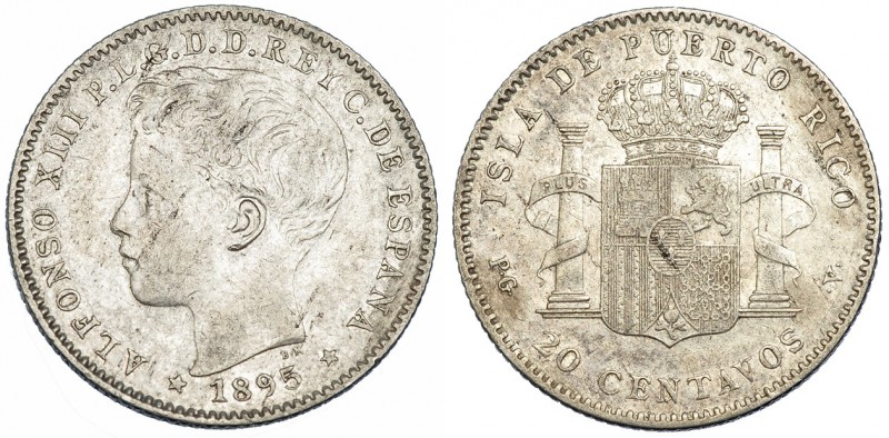 20 centavos de peso. 1895. Puerto Rico. PGV. VII-170. Pequeñas marcas. MBC-.