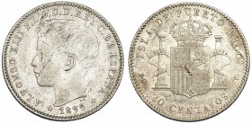 20 centavos de peso. 1895. Puerto Rico. PGV. VII-170. Pequeñas marcas. MBC-.
