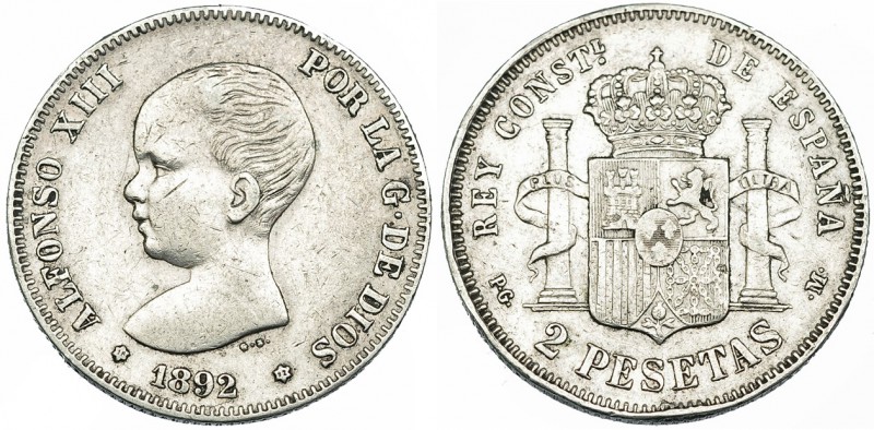 2 pesetas. 1892 * 18-92. Madrid. PGM. VII-173. Golpe en canto y pequeñas marcas....