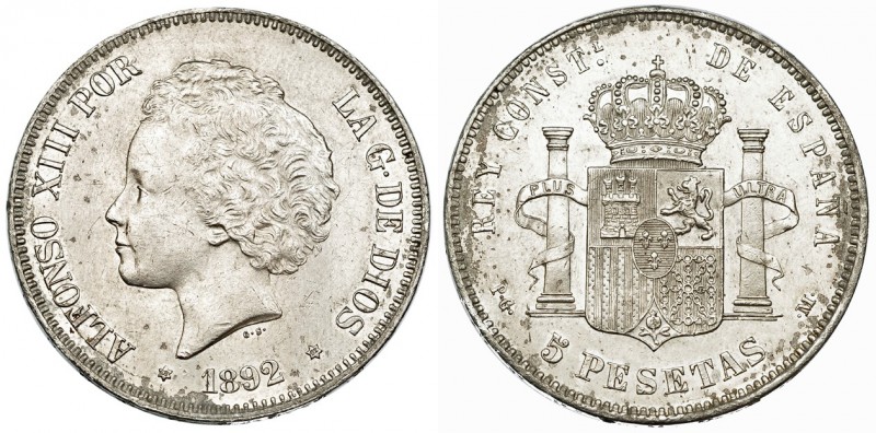 5 pesetas. 1892 * 18-92. Madrid. PGM. VII-184. Oxidaciones limpiadas. EBC-.