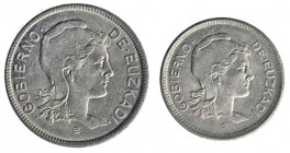 Lote de 2 monedas de 1 y 2 pesetas. 1937. Gobierno de Euskadi. VII-237 y VII-239. SC.