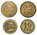 Lote de 2 monedas de 10 y 25 céntimos. Puebla de Cazalla (Sevilla). VII-263 y VII-264.MBC/MBC-. Muy escasa.