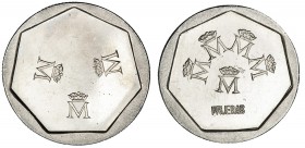 Prueba de cuños. 3 M coronadas en una cara y 5 en la otra con la palabra "PRUEBA", sobre un cospel de 200 pesetas. 1986/88. B. O. SC. Muy rara.