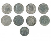 LOTE. 9 monedas tamaño corona. Francia (2), Holanda, Letonia (4), Portugal y Rusia. 1838-1974. De MBC- a EBC+.