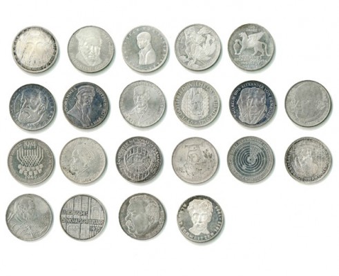 ALEMANIA. Lote de 21 piezas. 5 marcos conmemorativos. 1966 D, 1967 F, 1968 J, 19...
