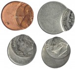 ESTADOS UNIDOS DE AMÉRICA. Lote de 4 monedas. Centavo, Dime, 1994 P; Dime, 1997 P; 5 centavos. Con error de acuñación por desplazamiento de cuño. SC....