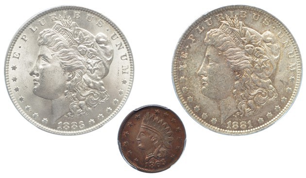 ESTADOS UNIDOS DE AMÉRICA. Lote de 3 monedas. Dólar 1881 PCGS-MS62; dólar 1883 P...