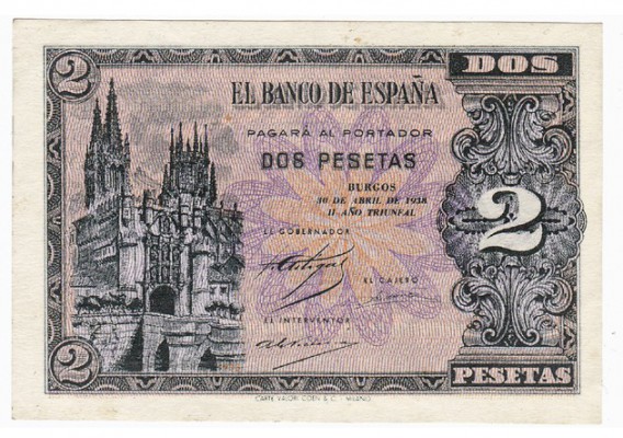 2 pesetas. 4-1938. Serie A. ED-D30a. Plancha.