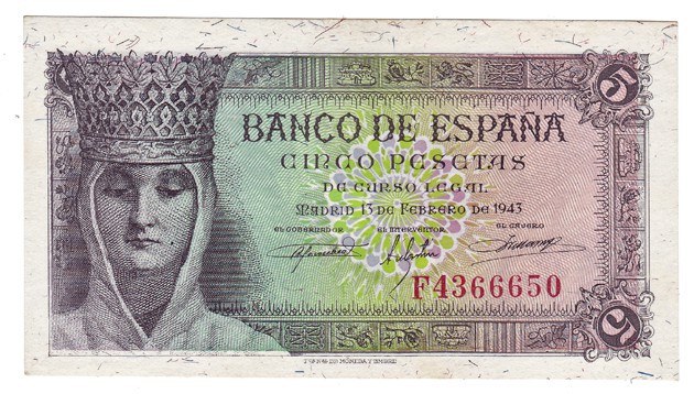 5 pesetas. 2-1943. Serie F. ED-D47a