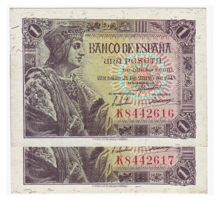Peseta. 5-1943. Pareja correlativa. Serie K. ED-D. Plancha.