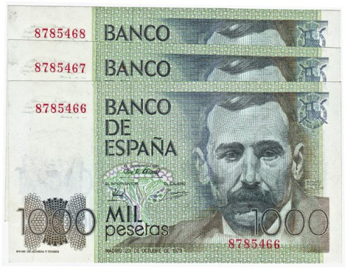 1000 pesetas. Trío correlativo. Sin serie. ED-E3. Plancha.