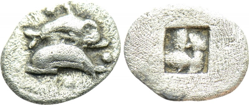 THRACE. Thasos. Hemiobol (Circa 500-480 BC)

Obv: Two dolphins swimming in opp...