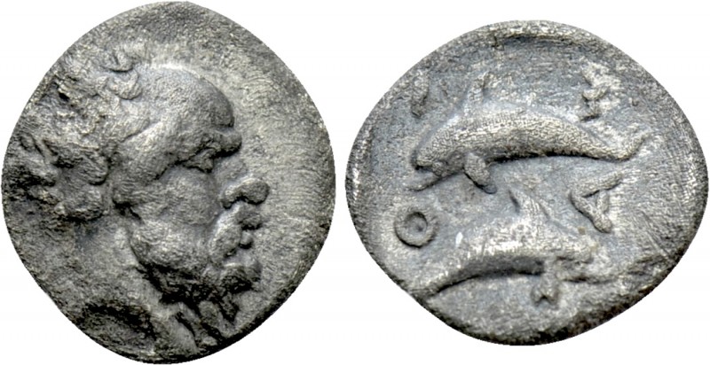THRACE. Thasos. Hemiobol (Circa 412-404 BC)

Obv: Head of satyr right. Rev: ΘΑ...