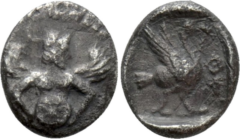 CILICIA. Mallos. Obol (Circa 425-385 BC)

Obv: Half-length figure of winged ma...