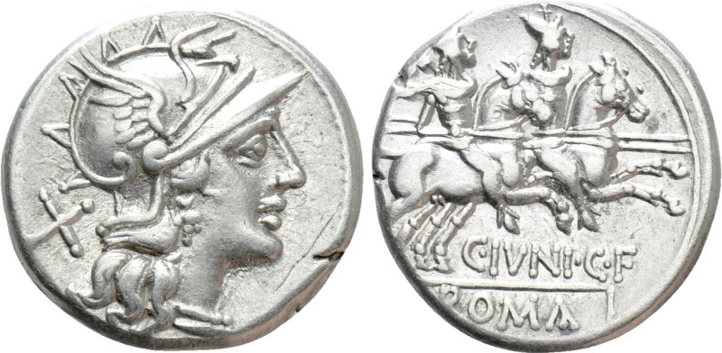 C. JUNIUS C. F. Denarius (149 BC). Rome

Obv: Helmeted head of Roma right; X (...
