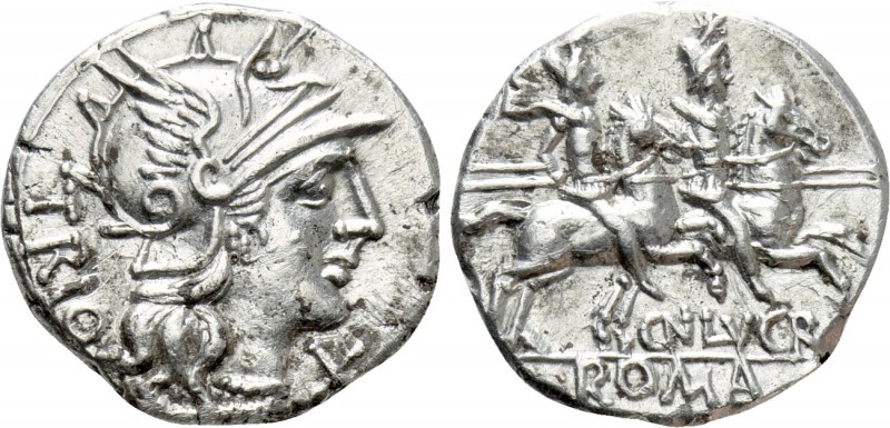 CN. LUCRETIUS TRIO. Denarius (136 BC). Rome

Obv: TRIO. Helmeted head of Roma ...
