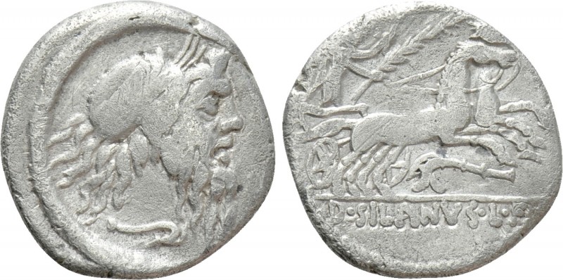 D. SILANUS L.F. Denarius (91 BC). Rome

Obv: Mask of Silenus right; plow below...