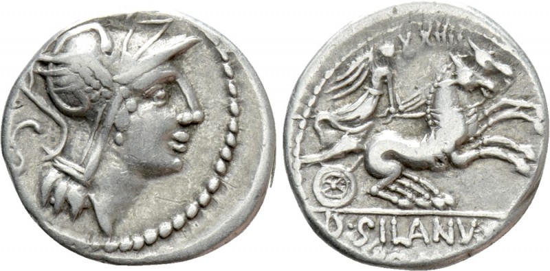 D. SILANUS L.F. Denarius (91 BC). Rome

Obv: Helmeted head of Roma right; S to...