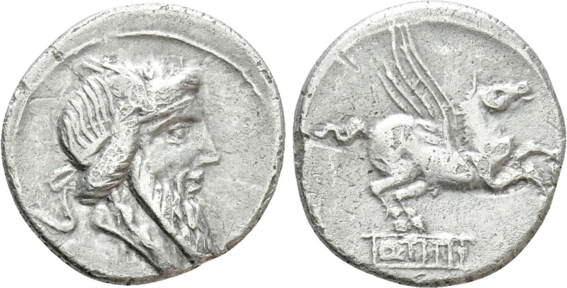 Q. TITIUS. Denarius (90 BC). Rome

Obv: Bearded head of Mutinus Titinus right,...