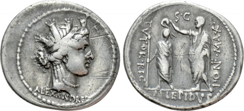 M. AEMILIUS LEPIDUS. Denarius (61 BC). Rome

Obv: ALEXANDREA. Head of Alexandr...