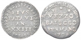 FERMO
Pio VI (Giannangelo Braschi), 1775-1799.
Mezzo Baiocco 1798 a. XXIII.
Æ
gr. 3,39
Dr. PIVS / PAPA VI / AN / XXIII. Iscrizione entro ghirland...