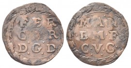 MANTOVA
Ferdinando Carlo di Gonzaga Nevers, 1665-1707.
Soldo.
Æ
gr. 1,17
Dr. FER /CAR / DGD. Iscrizione disposta su tre righe, entro corona.
Rv....