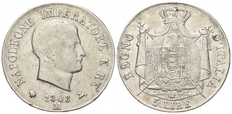 MILANO
Napoleone I Re d’Italia, 1805-1814.
5 Lire 1808, I Tipo, puntali aguzzi...