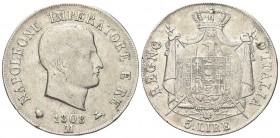 MILANO
Napoleone I Re d’Italia, 1805-1814.
5 Lire 1808, I Tipo, puntali aguzzi.
Ag
gr. 24,77
Dr. Testa nuda a s.
Rv. Stemma coronato su padiglio...