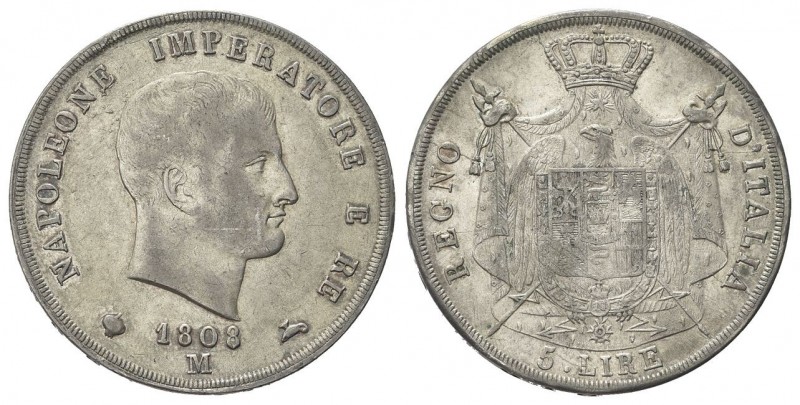 Milano
Napoleone I Re d’Italia, 1805-1814.
5 Lire 1808, II Tipo, puntali aguzz...
