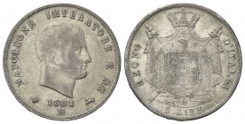 Milano
Napoleone I Re d’Italia, 1805-1814.
5 Lire 1808, II Tipo, puntali aguzzi.
Ag
gr. 24,84 
Dr. Testa nuda a s.
Rv. Stemma coronato su padigl...