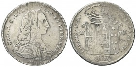 NAPOLI
Carlo di Borbone, 1734-1759.
Piastra da 120 Grana 1754, cifra 4 della data su 3.
Ag
gr. 24,98
Dr. CAR D G UTR - SIC ET HIER REX, Busto cor...