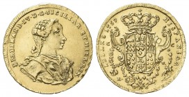 NAPOLI
Ferdinando IV (I) di Borbone, 1759-1816.
6 Ducati 1759.
Au
gr. 8,81
Dr. FERDINAND IV D G SICILIAR ET HIER REX. Busto infantile a d.
Rv. H...