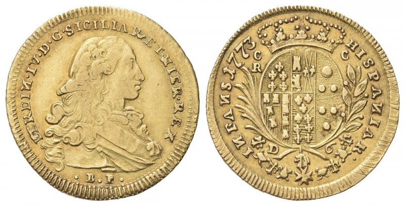 NAPOLI
Ferdinando IV (I) di Borbone, 1759-1816.
6 Ducati 1773, sigle BP.
Au
...