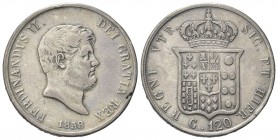 NAPOLI
Ferdinando II di Borbone, 1830-1859.
Piastra da 120 Grana 1858.
Ag
gr. 27,24
Dr. Testa barbuta a d.; sotto, la data.
Rv. Stemma coronato....