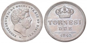 NAPOLI
Ferdinando II di Borbone, 1830-1859.
2 Tornesi 1843.
Æ
gr. 5,68
Dr. Testa nuda a d.
Rv. Corona con indicazione di valore e data.
Pag. 40...