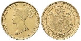 PARMA
Maria Luigia d'Austria, 1814-1847.
40 Lire 1815.
Au
gr. 12,85
Dr. Busto diademato a s.
Rv. Stemma coronato su padiglione entro cerchio.
P...
