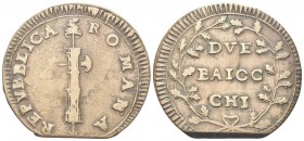 ROMA
Prima Repubblica Romana, 1798-1799.
Due Baiocchi s. data, fascio stretto.
Æ
gr. 17,18
Dr. Fascio largo con due legature incrociate.
Rv. Val...
