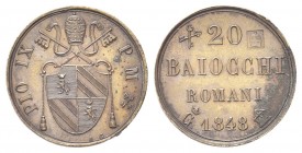 ROMA
Pio IX (Giovanni Maria Mastai Ferretti), 1846-1878.
Peso monetale del 20 Baiocchi 1848, coniato a Gaeta?.
Æ 
gr. 4,98 
Dr. PIO IX - P M. Ste...