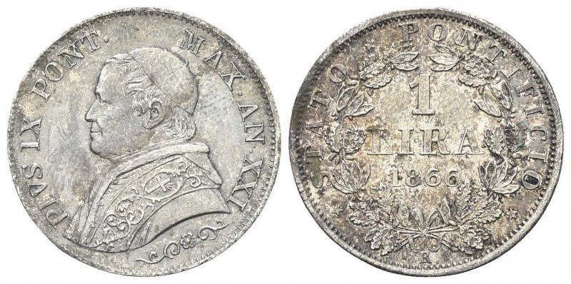 ROMA
Pio IX (Giovanni Maria Mastai Ferretti), 1846-1878.
Lira 1866 a. XXI, bus...