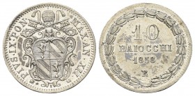 ROMA
Pio IX (Giovanni Maria Mastai Ferretti), 1846-1878.
10 Baiocchi 1858 a. XII.
Ag
gr. 2,86
Dr. Stemma sormontato da tiara e chiavi decussate....